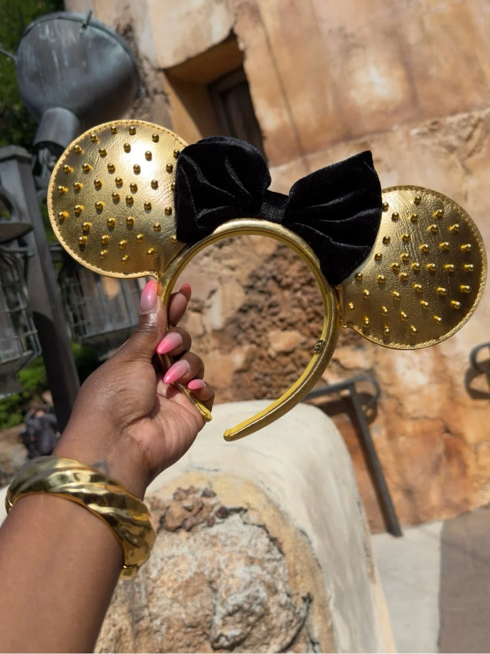 BaubleBar Gold Studded Minnie Ear Headband with Black Velvet Bow